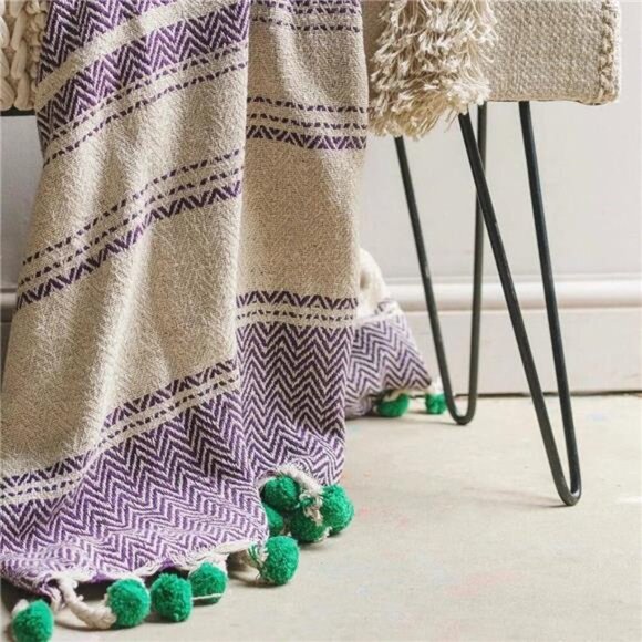 NEW Anthro Striped Blue Green Pom Pom Boho Tassel Knit Throw Blanket - 50" x 60" - Picture 5 of 11